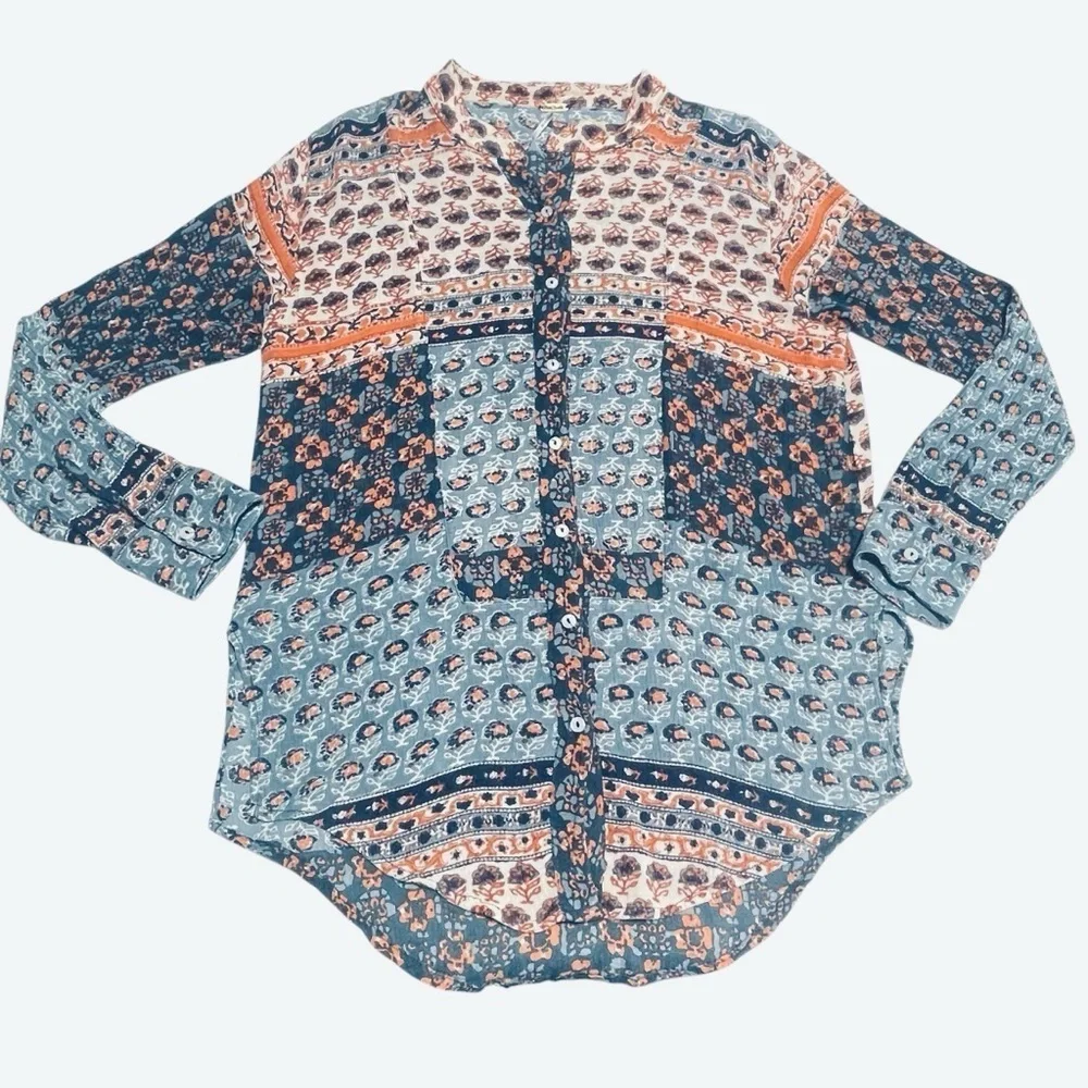 Free People Caravan Patchwork Printed Button Down size XS. Blue and Orange